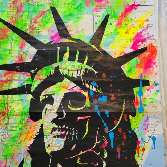Handpainted Zombie Statue of Liberty Unique acrylic Artwork on a NYC Subway Map - Picture 8 of 9